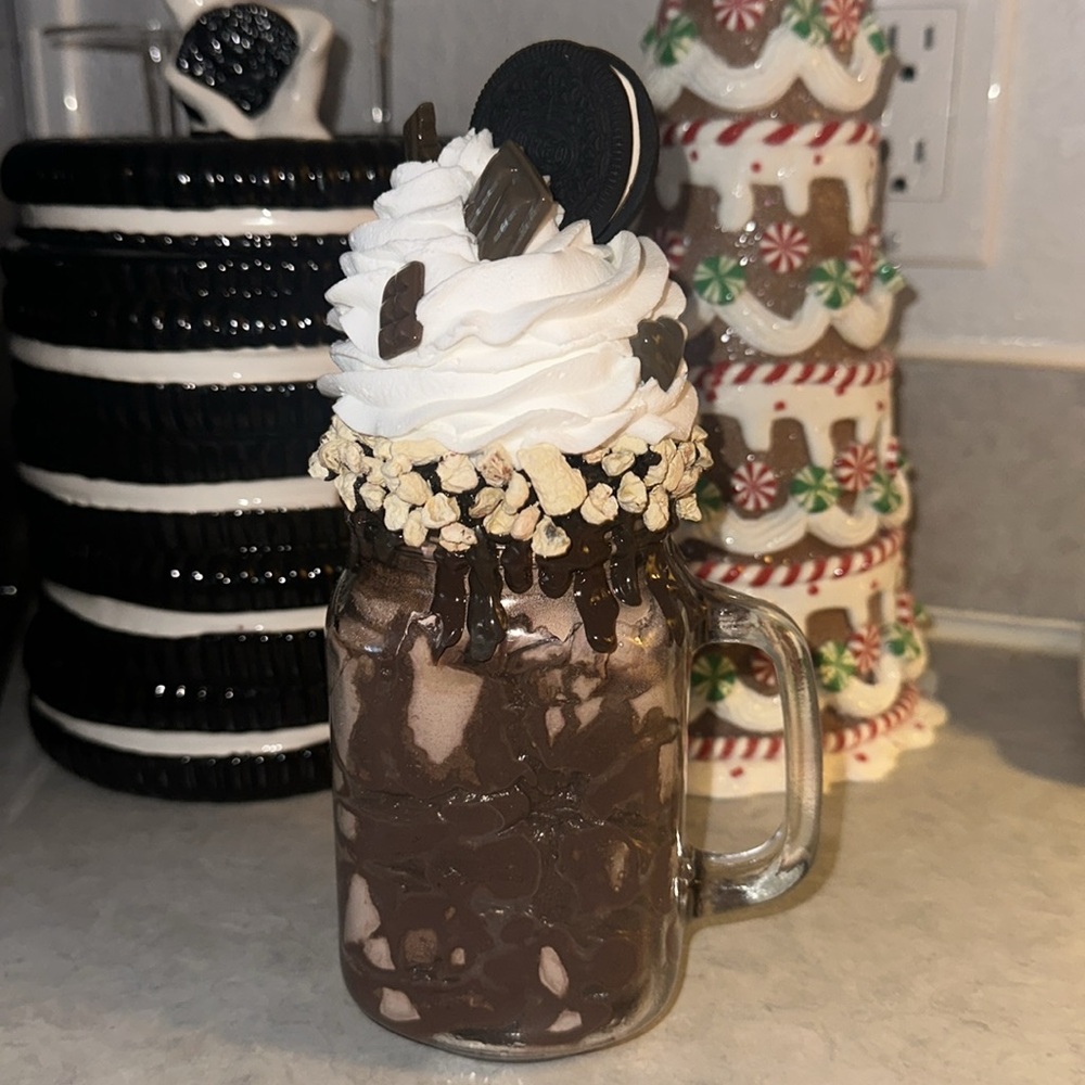 Faux Chocolate Oreo milkshake with nuts whipped cream drizzle in a mason mug LG